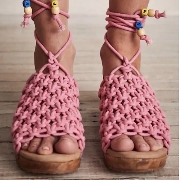 Free People Sandals Peony Pink Candy Crochet Clogs Ankle lace US 9 to 9.5 EU 40 - Picture 2 of 14